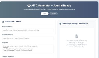 Screenshot of the AI Transparency Declaration generator: a multi-step Spanish-language form for documenting AI use in academic work